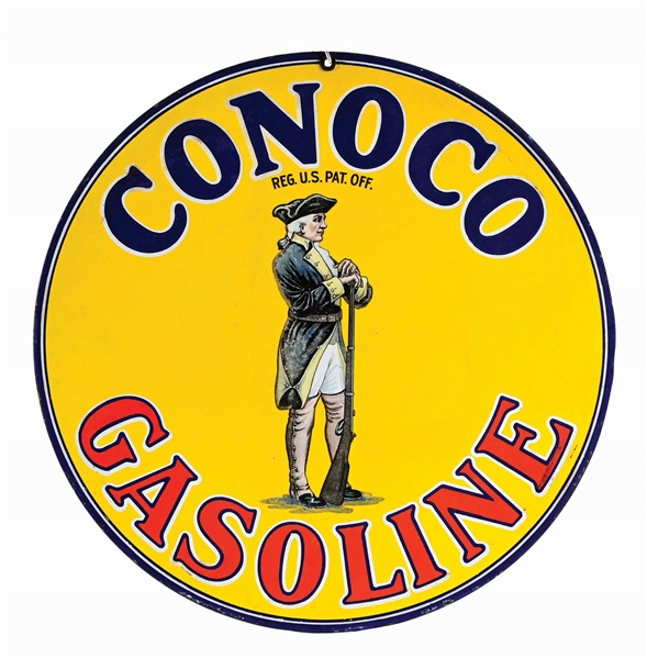 CONOCO GASOLINE PORCELAIN SERVICE STATION SIGN W/ MINUTEMAN GRAPHIC. 