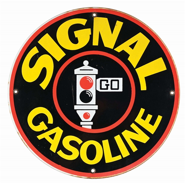 SIGNAL GASOLINE PORCELAIN PUMP PLATE SIGN W/ STOP LIGHT GRAPHIC. 