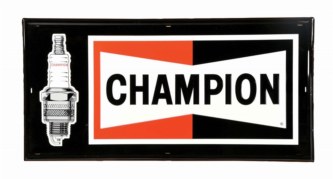 OUTSTANDING N.O.S. CHAMPION SPARK PLUGS EMBOSSED TIN SIGN W/ ORIGINAL SHIPPING CRATE. 