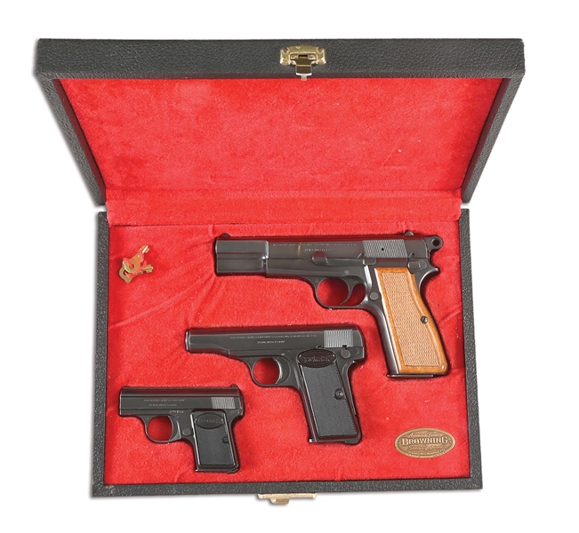 (C) CASED SET OF 3: BROWNING HI POWER, MODEL 1955, AND BABY SEMI AUTOMATIC PISTOLS.