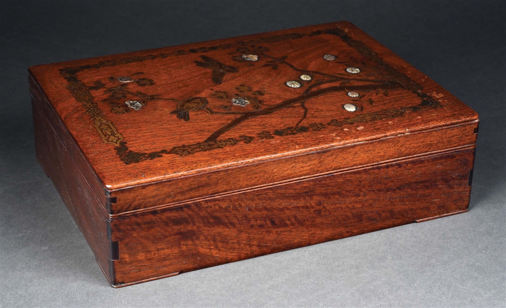 JAPANESE WOOD BOX WITH LACQUER AND MOTHER-OF-PEARL INLAY