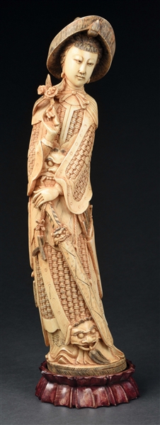 CARVED IVORY ORNATE LADY W/ HAT & SWORD