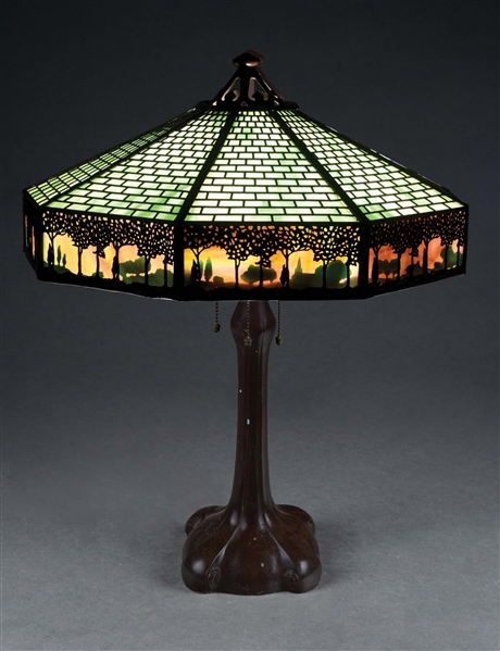 LARGE HANDEL OVERLAY TABLE LAMP W/ SUNSET BORDER