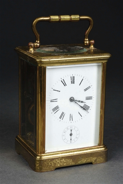 FRENCH GILT BRASS CARRIAGE CLOCK TRAVEL 8-DAY MANTEL CLOCK.