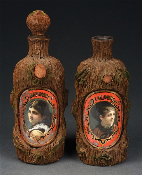 LOT OF 2: RUM & COLOGNE REVERSED-PAINTED BACK BAR TREE BARK BOTTLES.