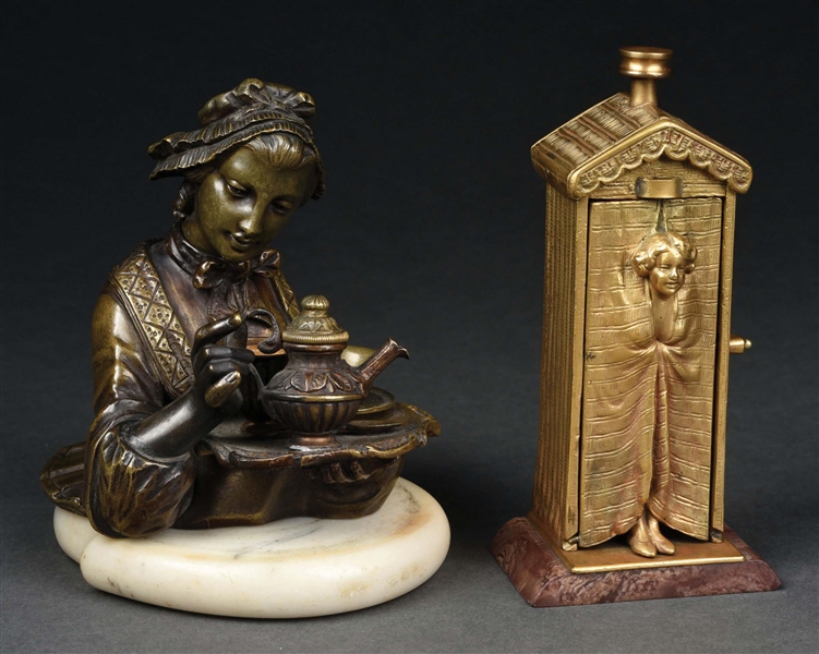 LOT OF 2: BRONZE PIECES, EROTICA & INKWELL.