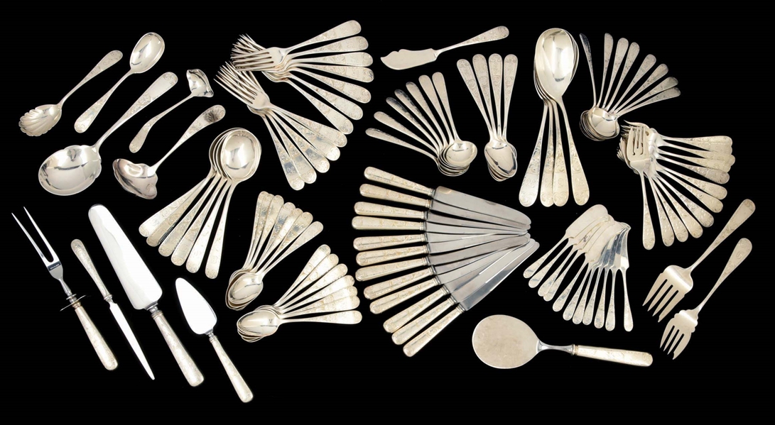 101-PIECE STERLING SILVER MAYFLOWER PATTERN FLATWARE SET BY JENKINS & JENKINS.