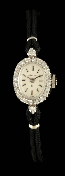 LADIES’ ANTIQUE 14K WHITE GOLD & DIAMOND HAMILTON WATCH.