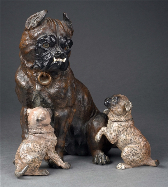 LARGE BRONZE BULLDOG W/ PUPPIES TOBACCO HUMIDOR.