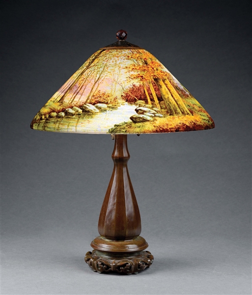 EXTREMELY RARE HANDEL WOODLAND RIVERBED REVERSE-PAINTED TABLE LAMP.