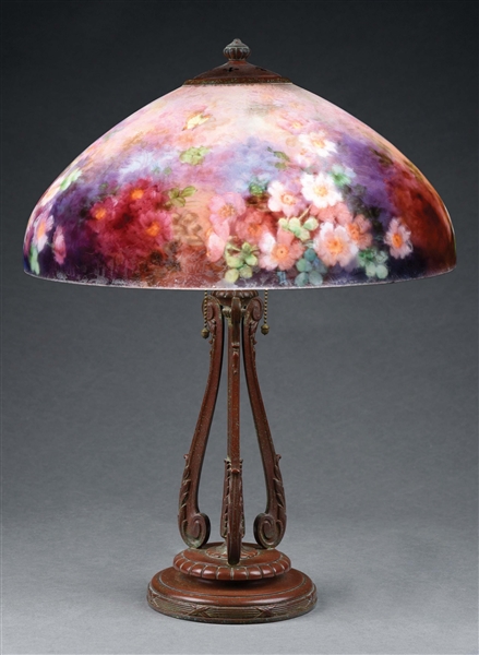 HANDEL REVERSE-PAINTED FLORAL TABLE LAMP.