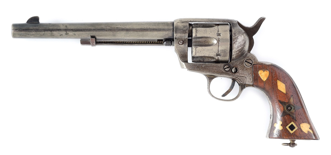 (A) SPANISH MADE COLT SINGLE ACTION ARMY BREVETTE REVOLVER WITH INLAYED GAMBLERS GRIPS.