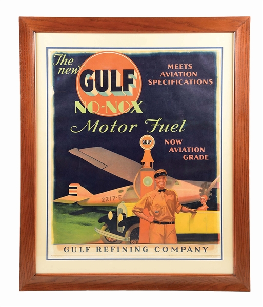 GULF NO-NOX MOTOR FUEL FRAMED SERVICE STATION POSTER W/ CAR & AIRPLANE GRAPHIC.