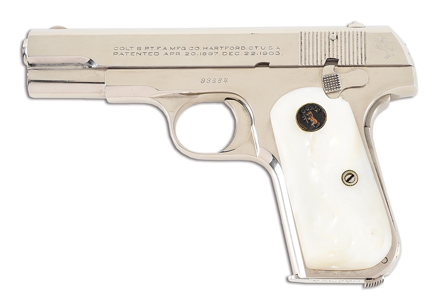 (C) NICKEL COLT MODEL 1908 POCKET HAMMERLESS SEMI-AUTOMATIC PISTOL.