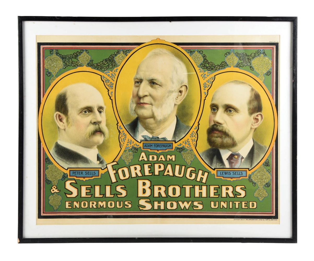ADAM FOREPAUGH & SELLS BROTHERS ENORMOUS SHOWS UNITED PAPER LITHOGRAPH W/ SELLS BROS. & ADAM FOREPAUGH GRAPHIC.
