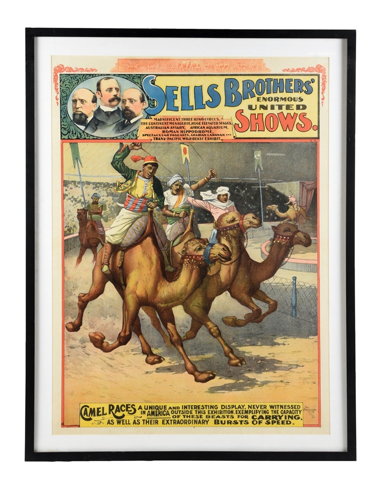 SELLS BROTHERS ENORMOUS UNITED SHOWS PAPER LITHOGRAPH CIRCUS POSTER W/ CAMEL RACE GRAPHIC
