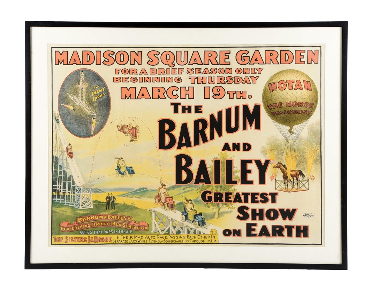 THE BARNUM AND BAILEY "GREATEST SHOW ON EARTH" PAPER LITHOGRAPH CIRCUS POSTER W/ THE SISTERS LARAGUE GRAPHIC