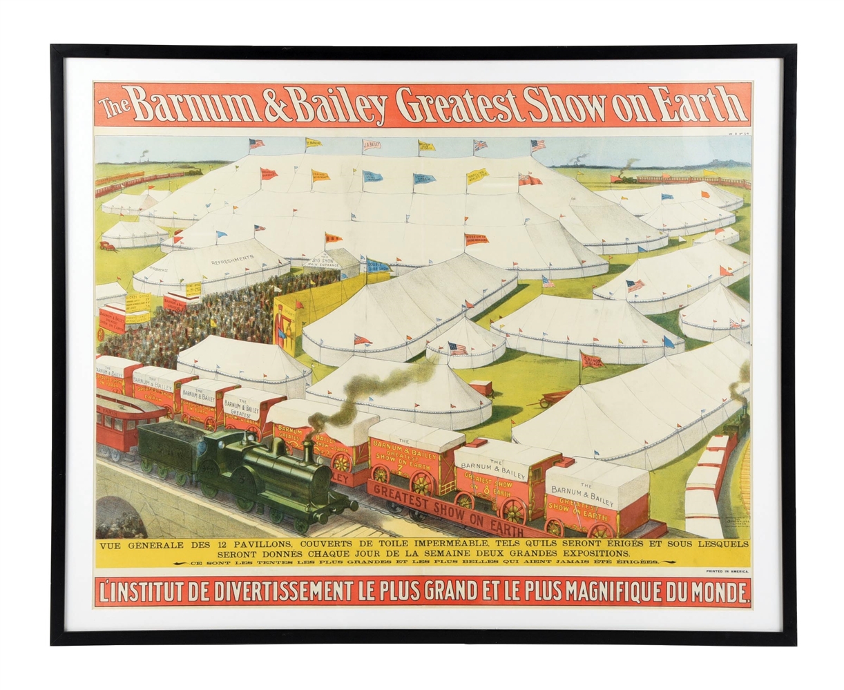 BARNUM & BAILEY "GREATEST SHOW ON EARTH" PAPER LITHOGRAPH CIRCUS POSTER W/ TRAIN GRAPHIC