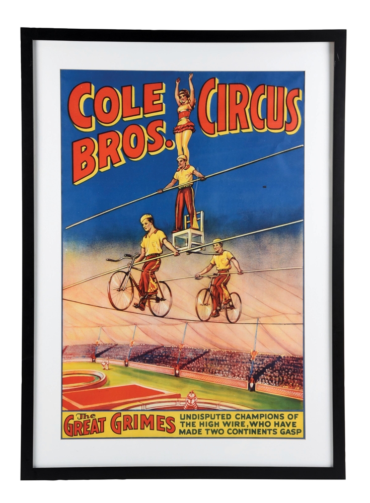 COLE BROS. CIRCUS PAPER LITHOGRAPH POSTER W/ HIGH WIRE ACT GRAPHIC