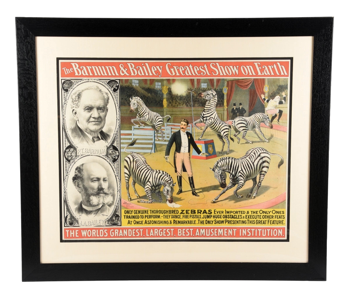 THE BARNUM & BAILEY "GREATEST SHOW ON EARTH" PAPER LITHOGRAPH POSTER W/ ZEBRA GRAPHIC