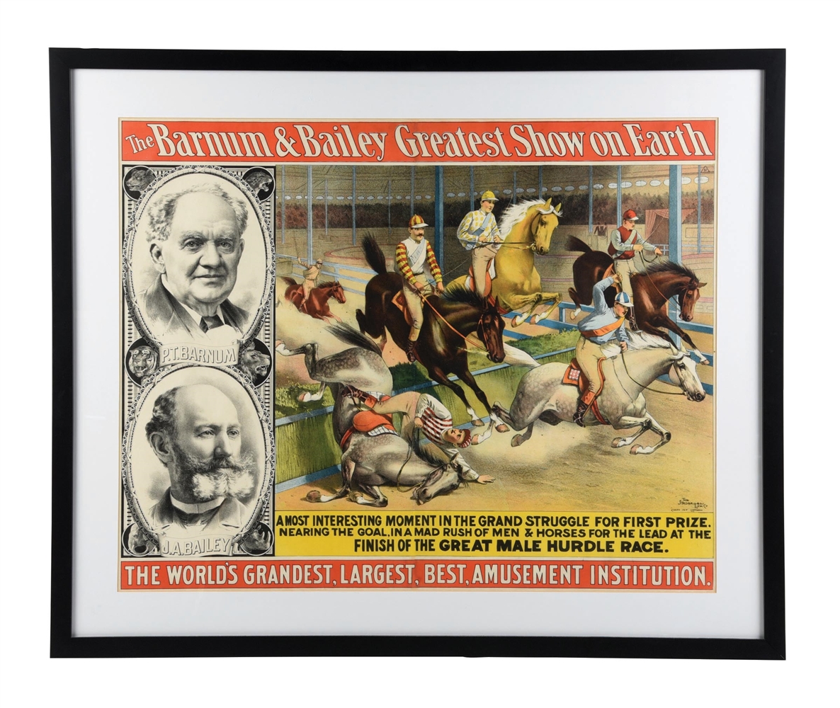 THE BARNUM & BAILEY "GREATEST SHOW ON EARTH" PAPER LITHOGRAPH POSTER W/ THE GREAT MALE HURDLE RACE GRAPHIC