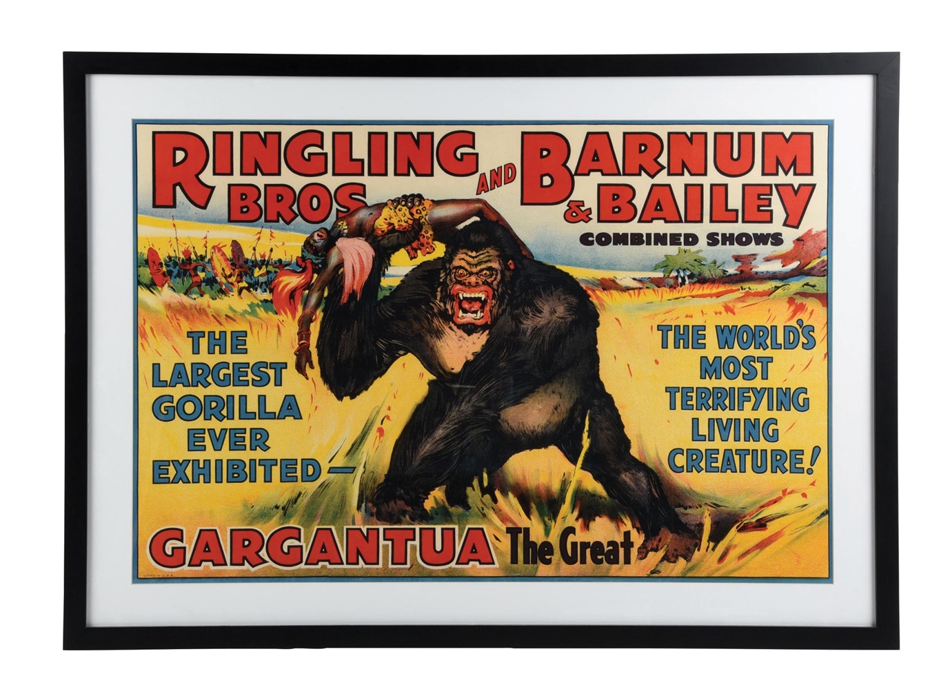 RINGLING BROS AND BARNUM & BAILEY COMBINED SHOWS PAPER LITHOGRAPH POSTER W/ GARGANTUA THE GREAT GRAPHIC