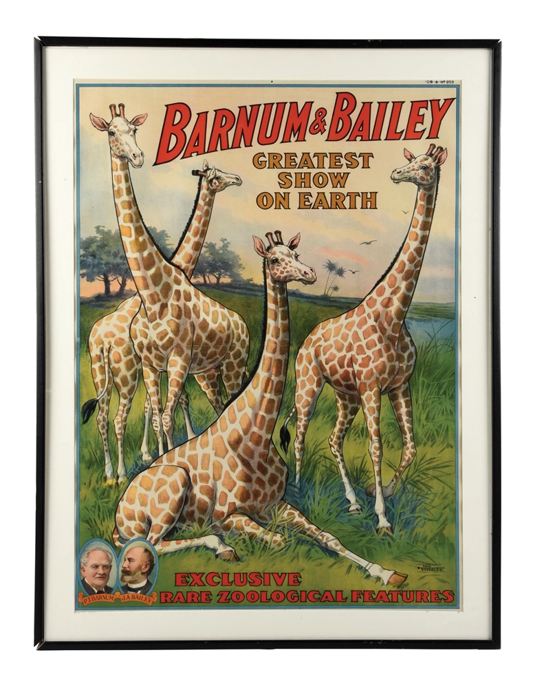 THE BARNUM & BAILEY "GREATEST SHOW ON EARTH" PAPER LITHOGRAPH POSTER W/ GIRAFFE GRAPHICS