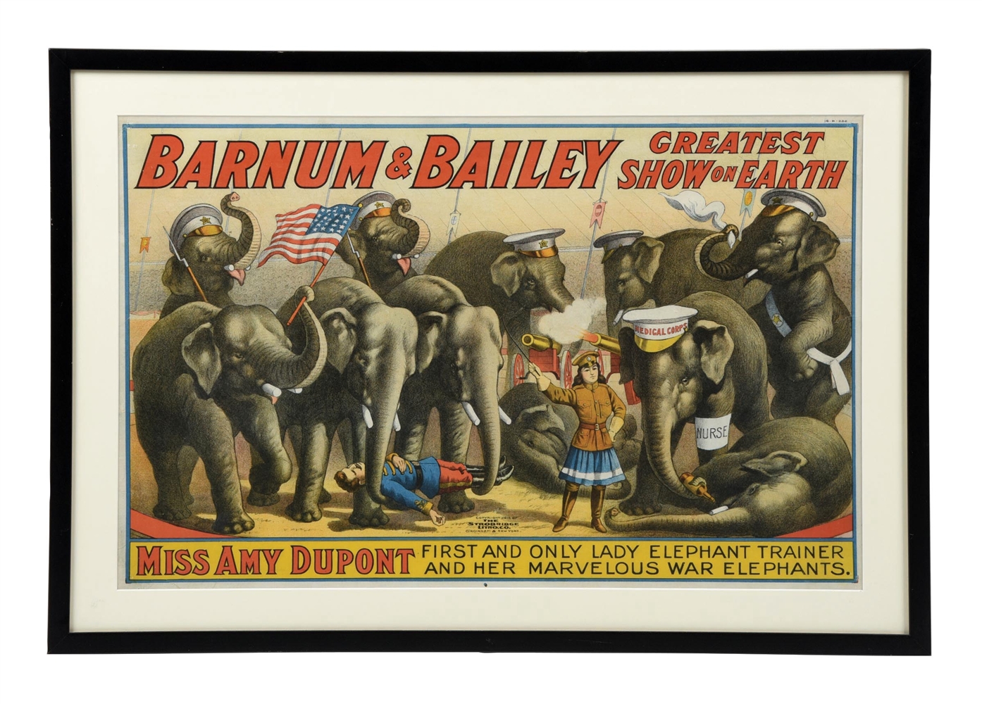 BARNUM AND BAILEY "GREATEST SHOW ON EARTH" PAPER LITHOGRAPH CIRCUS POSTER W/ MISS AMY DUPONT GRAPHIC