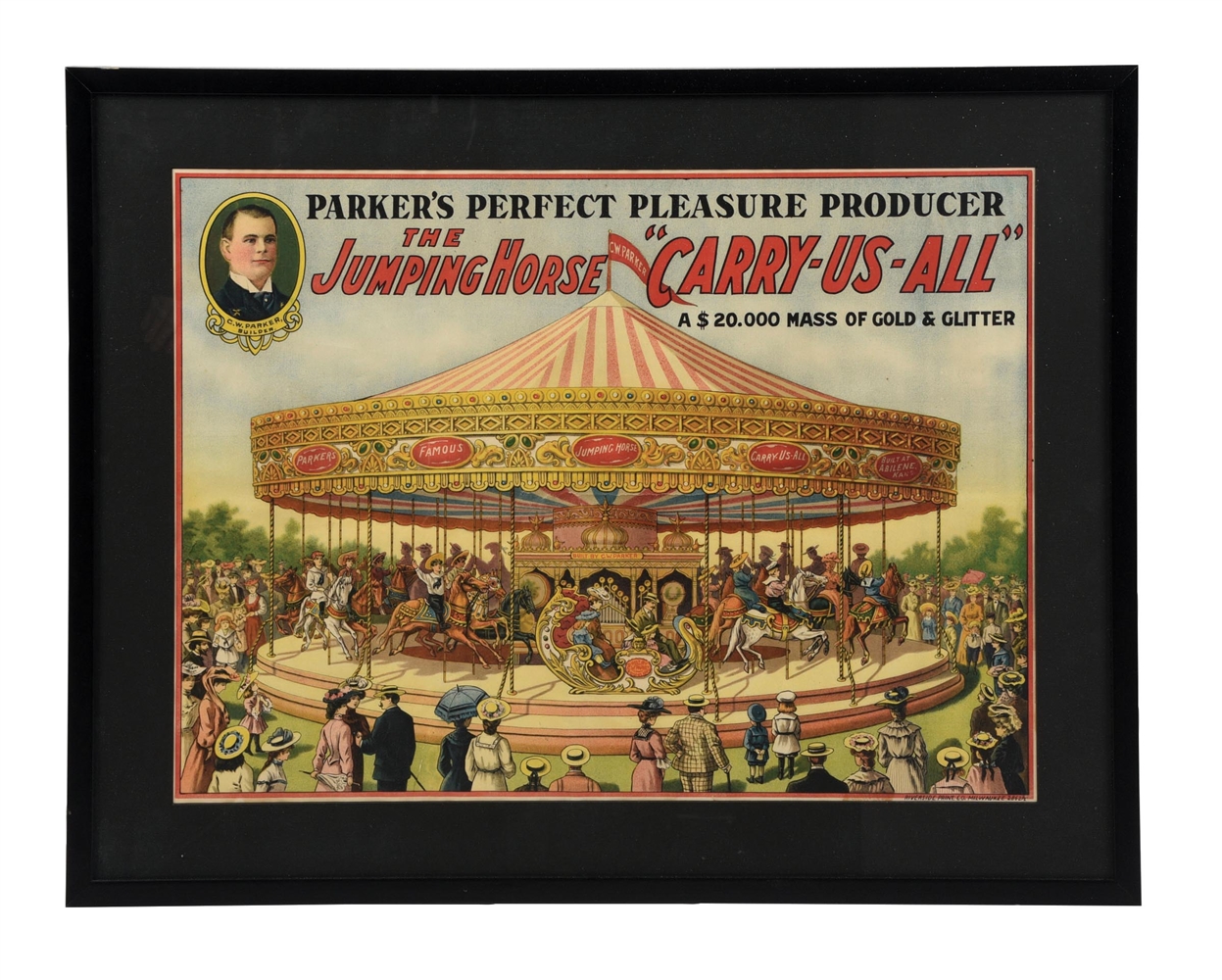 PARKER PERFECT PLEASURE PRODUCER JUMPING HORSE CAROUSEL PAPER LITHOGRAPH W/ CAROUSEL GRAPHIC