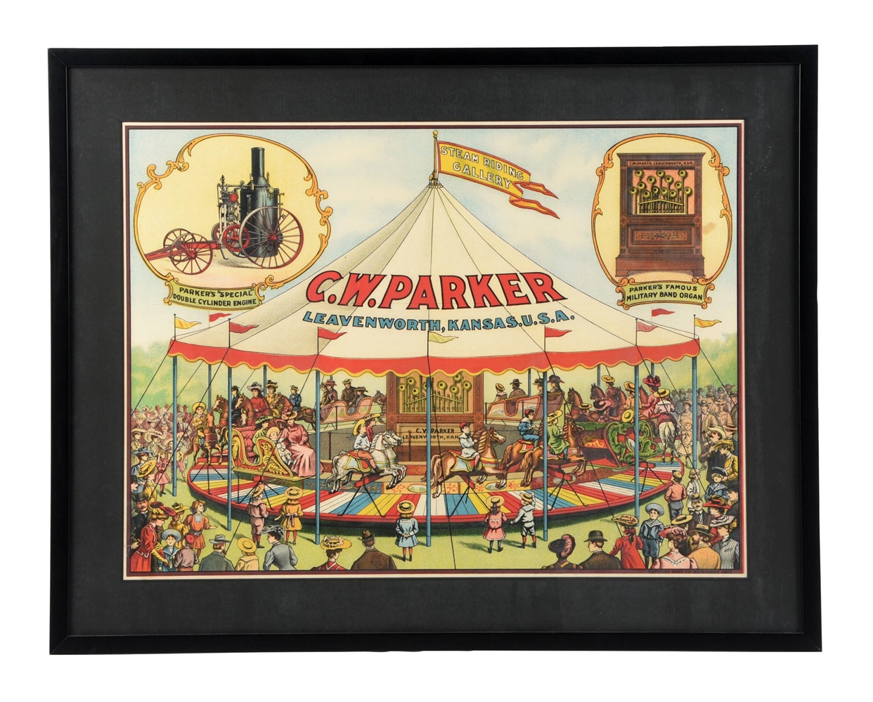 C. W. PARKER PAPER LITHOGRAPH POSTER W/ CAROUSEL GRAPHIC