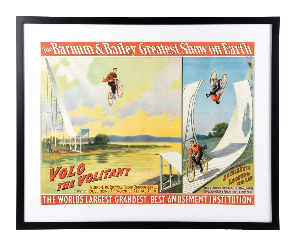 THE BARNUM & BAILEY "GREATEST SHOW ON EARTH" PAPER LITHOGRAPH POSTER W/ VOLO THE VOLITANT GRAPHIC