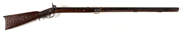 (A) TACK DECORATED PERCUSSION HALFSTOCK BUCK AND BALL RIFLE.
