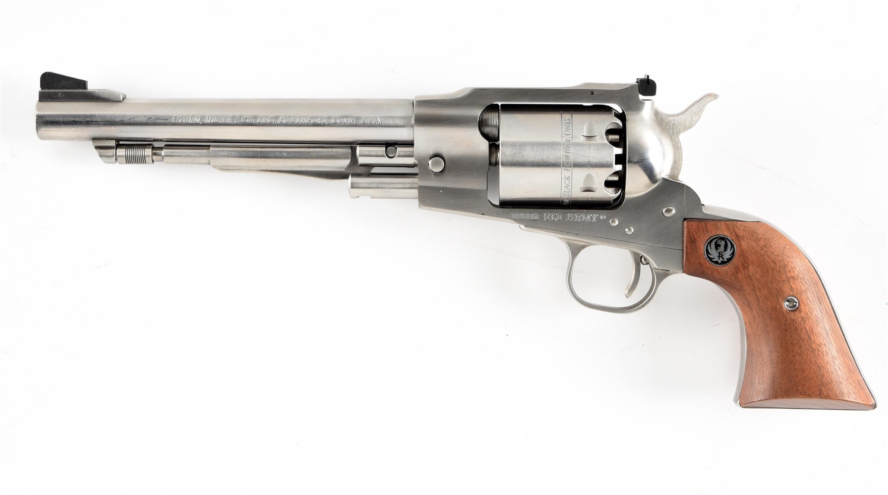 (A) FIRST YEAR STAINLESS RUGER OLD ARMY PERCUSSION REVOLVER.