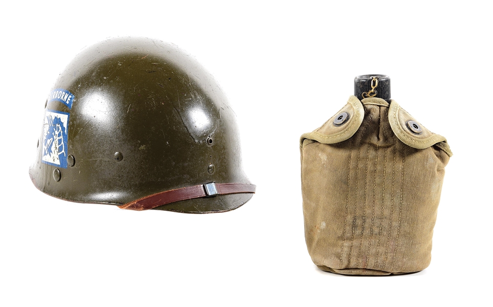 US WWII PARATROOPER M1 HELMET LINER AND CANTEEN.