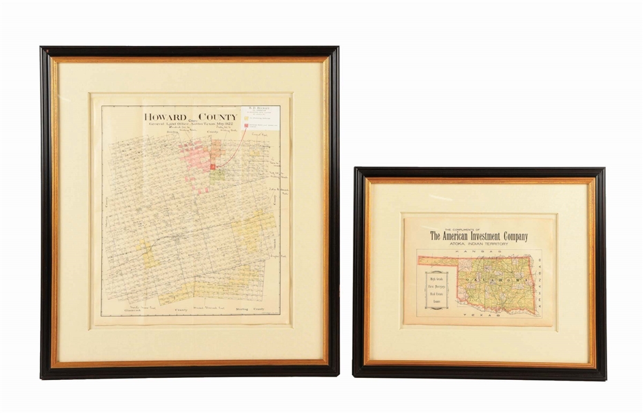 LOT OF 2: MAP OF OKLAHOMA - COMPLIMENTS OF THE AMERICAN INVESTMENT COMPANY ATOKA, INDIAN TERRITORY AND HOWARD COUNTY MAPS