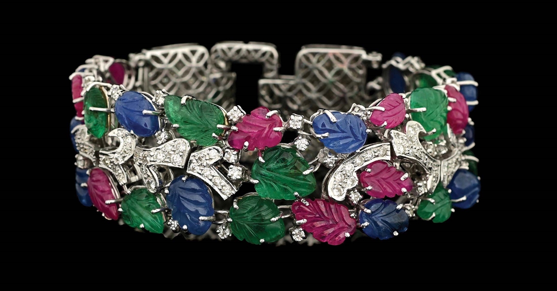 18K WHITE GOLD TUTTI FRUTTI CARVED EMERALD, RUBY & SAPPHIRE BRACELET W/DIAMONDS.