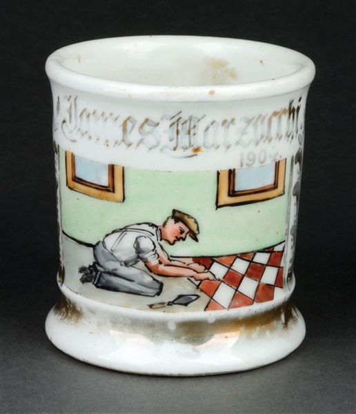 MAN LAYING FLOOD TILE SHAVING MUG.