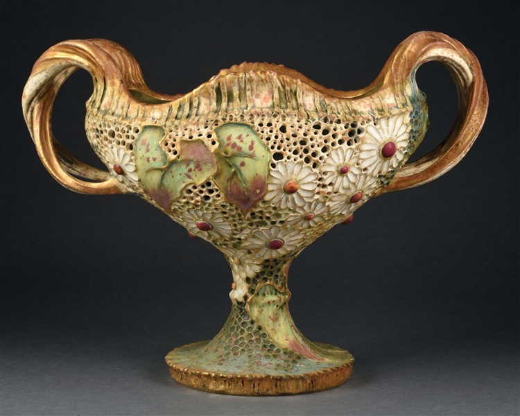 AMPHORA EARTHENWARE MONUMENTAL       “GRES BIJOU” DOUBLE GLAZED, DOUBLE WALLED, RETICULATED CENTERPIECE. 