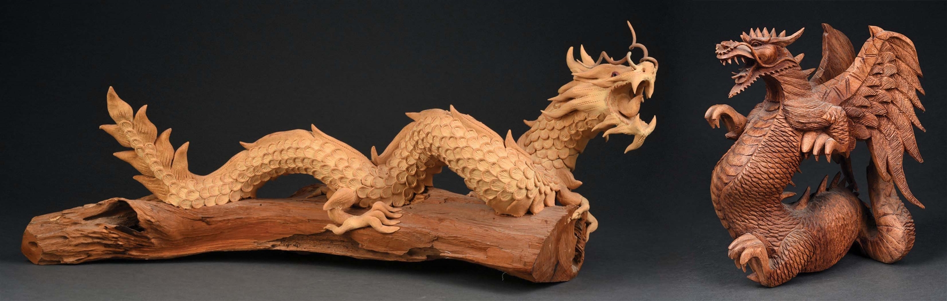 PAIR OF ASIAN CARVED WOOD DRAGONS.