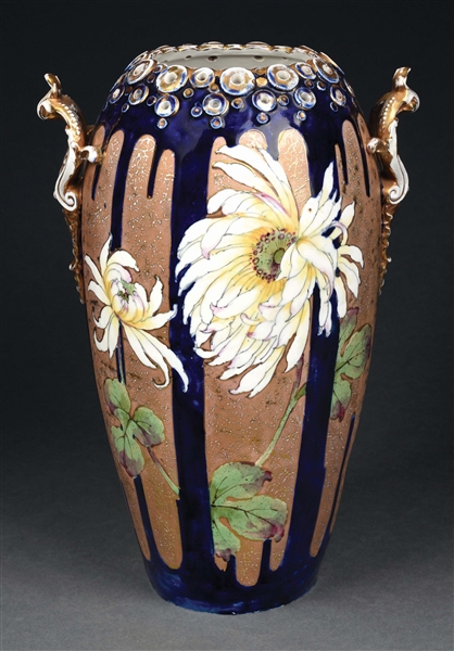 AMPHORA HIGH-FIRED RETICULATED TOP APPLIED HANDLE FLORAL VASE.