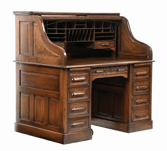 QUARTERED OAK 3/4 SIZE ROLL TOP OFFICE DESK