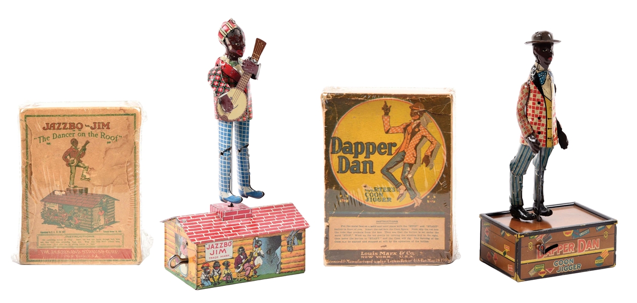 LOT OF 2: AMERICAN-MADE AFRICAN AMERICAN TIN LITHO WIND-UP DANCING TOYS IN ORIGINAL BOXES