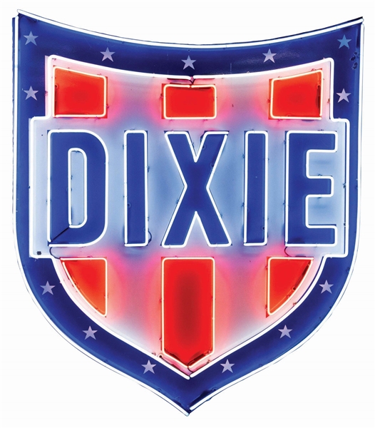 DIXIE GASOLINE PORCELAIN SHIELD SIGN W/ ADDED NEON. 