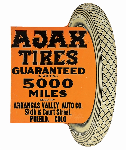 OUTSTANDING AJAX "5000 MILES" TIRES TIN FLANGE SIGN W/ TIRE GRAPHIC. 