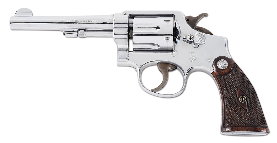 (C) VERY RARE EXPERIMENTAL CHROME FINISHED SMITH & WESSON M&P DOUBLE ACTION REVOLVER, SHIPPED TO S&W PRESIDENT HAROLD WESSON.