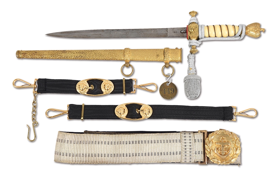 GERMAN WWII KRIEGSMARINE DAGGER WITH HANGERS AND OFFICERS BROCADE DRESS BELT.