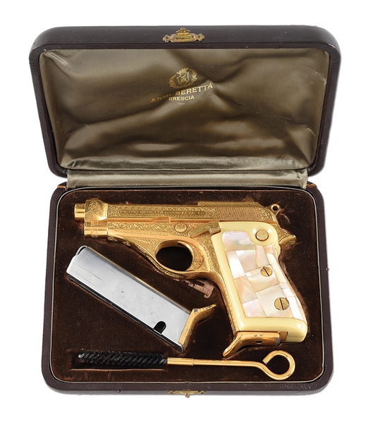 (C) GOLD PLATED AND ENGRAVED BERETTA MODEL 70 SEMI AUTOMATIC PISTOL WITH CASE.