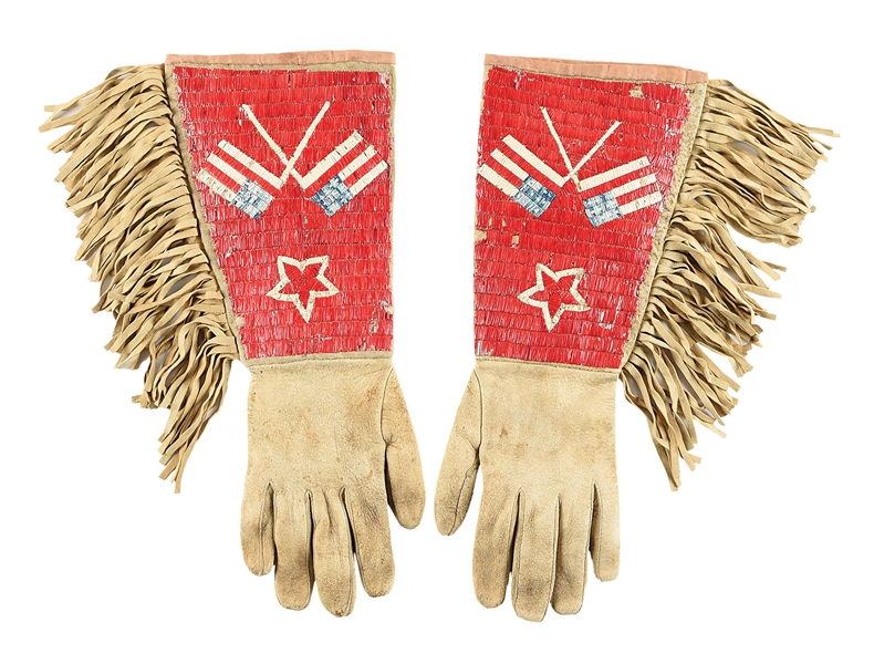PUBLISHED & EXHIBITED PLAINS INDIAN PICTORIAL QUILLED GAUNTLETS