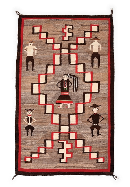 PICTORIAL 1920S NAVAJO RUG WITH COWBOYS AND INDIAN