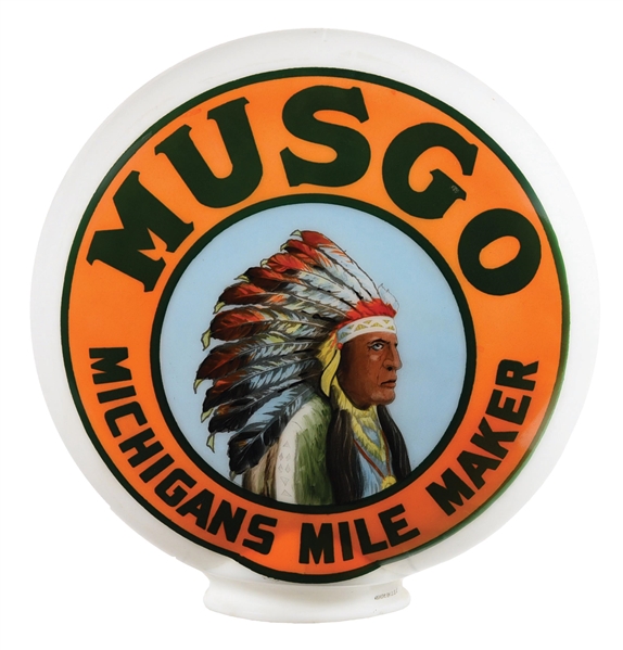 OUTSTANDING MUSGO GASOLINE "MICHIGANS MILE MAKER" ONE PIECE BAKED GLOBE AGS 93.